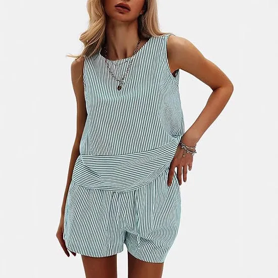 

American 2025 Summer New Fashion Women's Striped Casual Trendy Loose 2 Piece Sets Sleeveless O-neck Vests Shorts Female Clothes