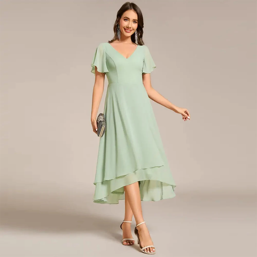 

BAZIIINGAAA Party Dress V-Neck High Low CHiffon Ruffles Evening Dresses