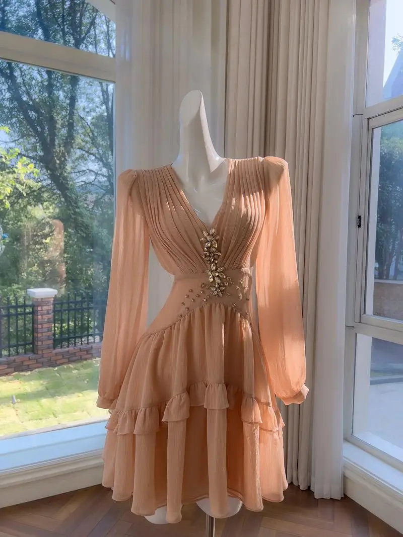 Ele A-Line Midi Dr Sand Beach V-Ne Tassel Long Sve Women's Hollow out Waist-Cinch Drill Rhinestone Charming Celeb...