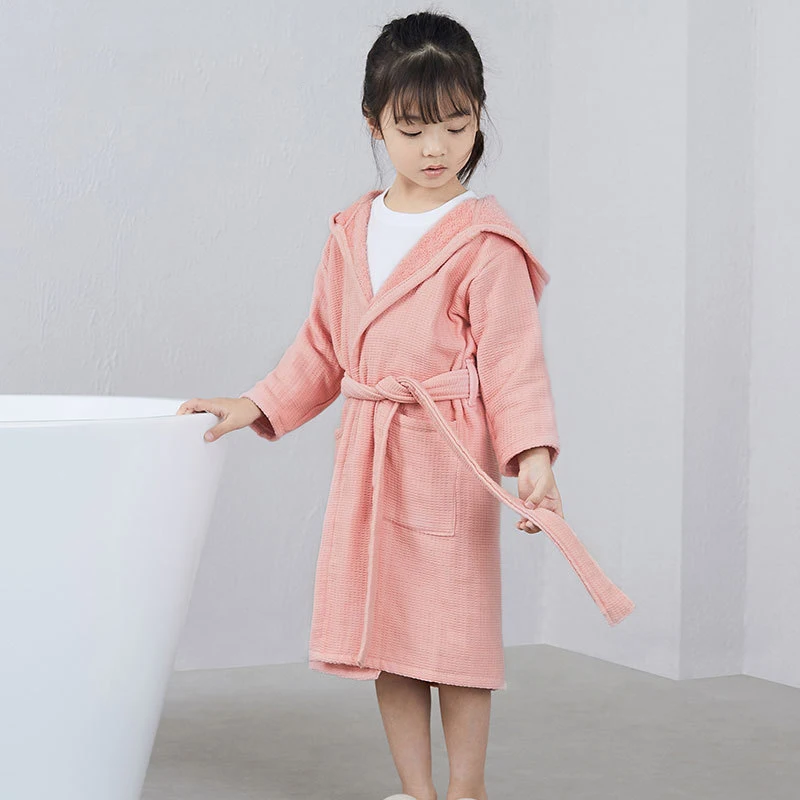 Toddler Baby Boys Girl Cotton Solid Linen Bathrobe Children Sleepwear Hooded Bath Robes Night-robe Pajamas Kids Clothes