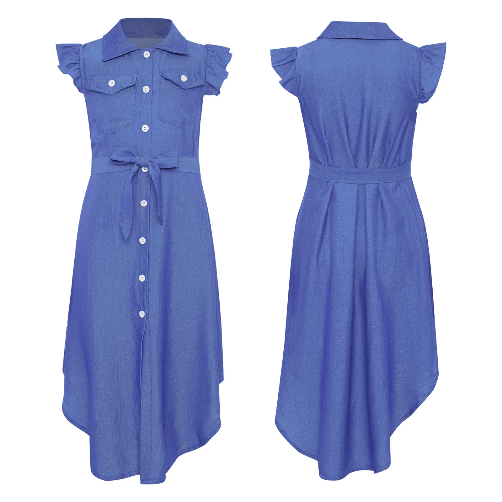 

Kids Girls Imitation Denim Shirt Dress Casual Ruffled Sleeves Turn-Down Collar Flap Pockets Curved Hem Button Dresses with Belt