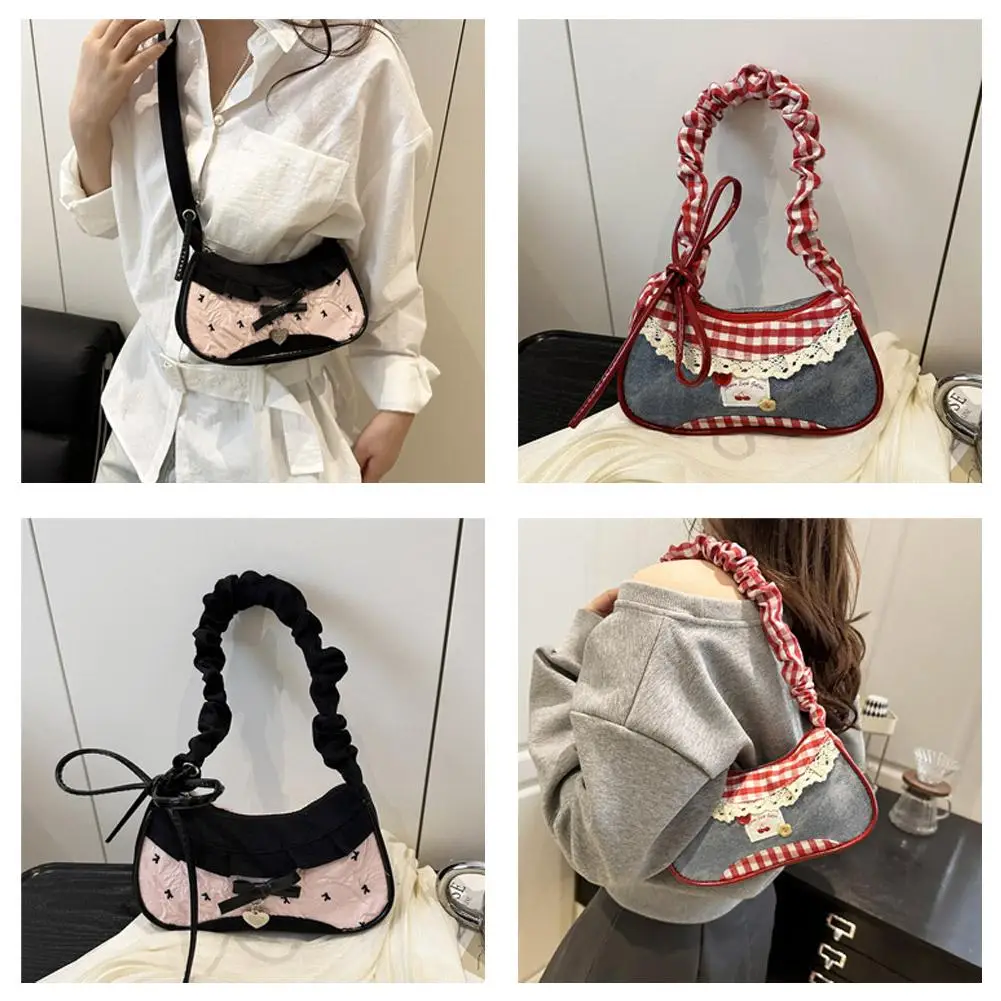 Korean Fashion Sweet Underarm Bag Harajuku Plaid Lace Mini Handbags Casual Cute Fresh Shoulder Bag With Y2K Zipper - view 6