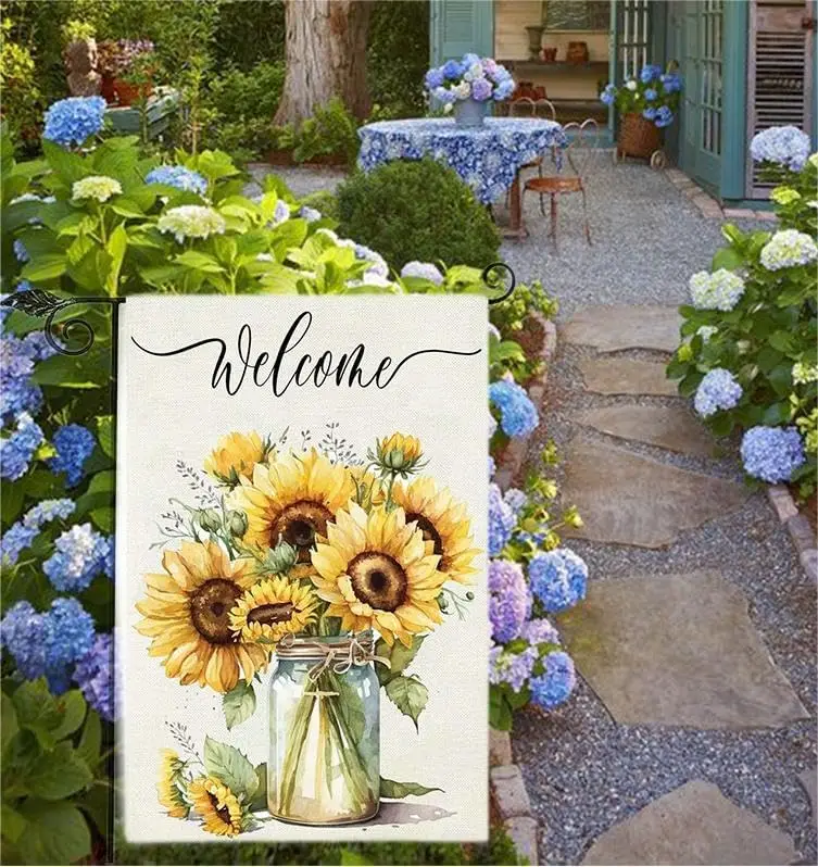 Welcome Summer Garden Flag Sunflower Mason Jar House Yard Flags 12x18 Inch Vertical Double Sided