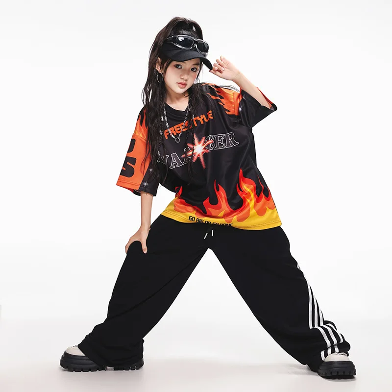 

New Teenagers Jazz Dance Costume Short Sleeves Hip Hop Suit Summer Girls Loose Hip-Hop Performance Clothing Kids Practice Wear