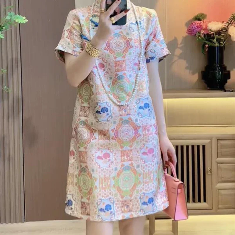 

Printed dress female 2024 summer new high-grade sense new Chinese temperament buckle slim improved cheongsam skirt.