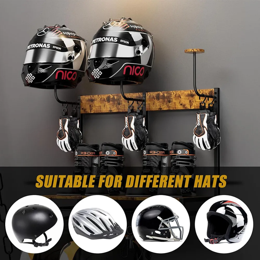 Multi-Purpose Tactical Gear Jacket Hanger Wood Shelves Metal Frame Wall Mount Motorcycle Helmet Rack, Home Workshop Organizer