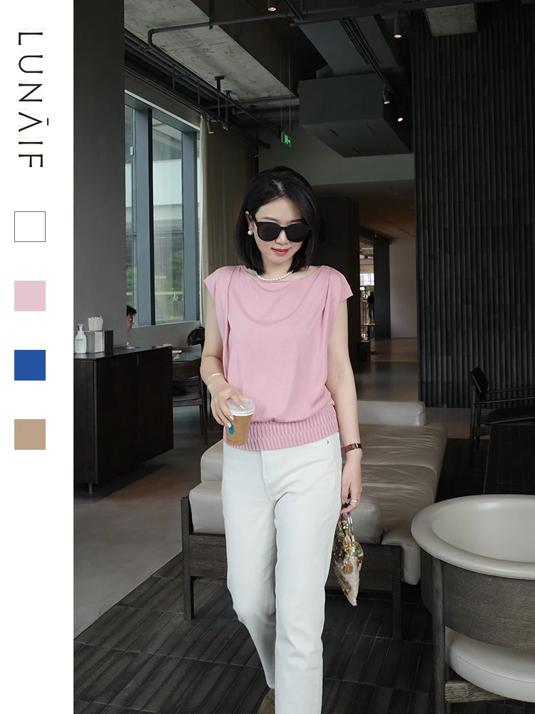 

Женский вязаный свитер LunaIF Fairy Enjoyment Super Skin-friendly Bla Tech, моющийся, с коротким рукавом, из шелковистой пряжи