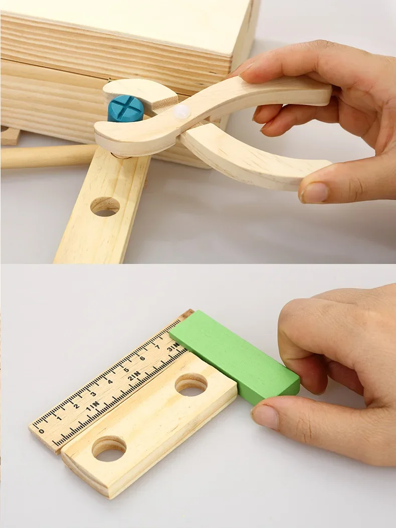 [Funny] Wooden repair tools Child Carpenter Construction Tool Box Boy Pretend Play mechanic maintenance Model Building Kits Toy