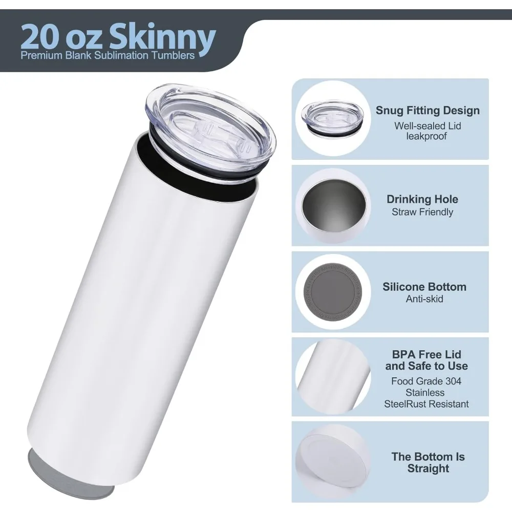 Parede dupla de aço inoxidável isolada copos retos, Skinny Tumblers, Bulk 20 OZ, 16 Pack