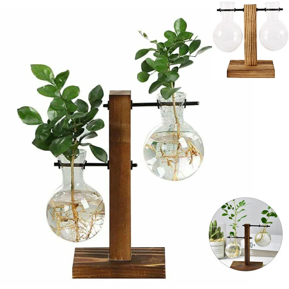 Glas Glühbirne Vase Desktop Hydrokultur Pflanze Terrarium Vasevase Holzständer Pflanzenbehälter Home Office Café Dekor Vasen