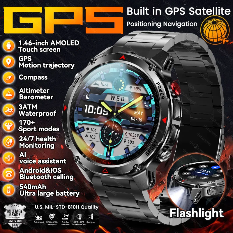 

2025New Military Outdoor Smart Watch Men GPS Sports Watches 1.46-inch Screen Flashlight 30M Waterproof Bluetooth Call Smartwatch