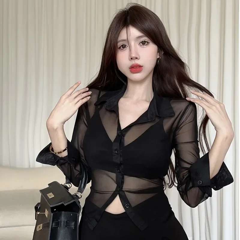 Gege's Elegant Sexy Shirt Fashion Sexy See-through Gyaru Women Slim fit Sun Protection Mesh Tide Top