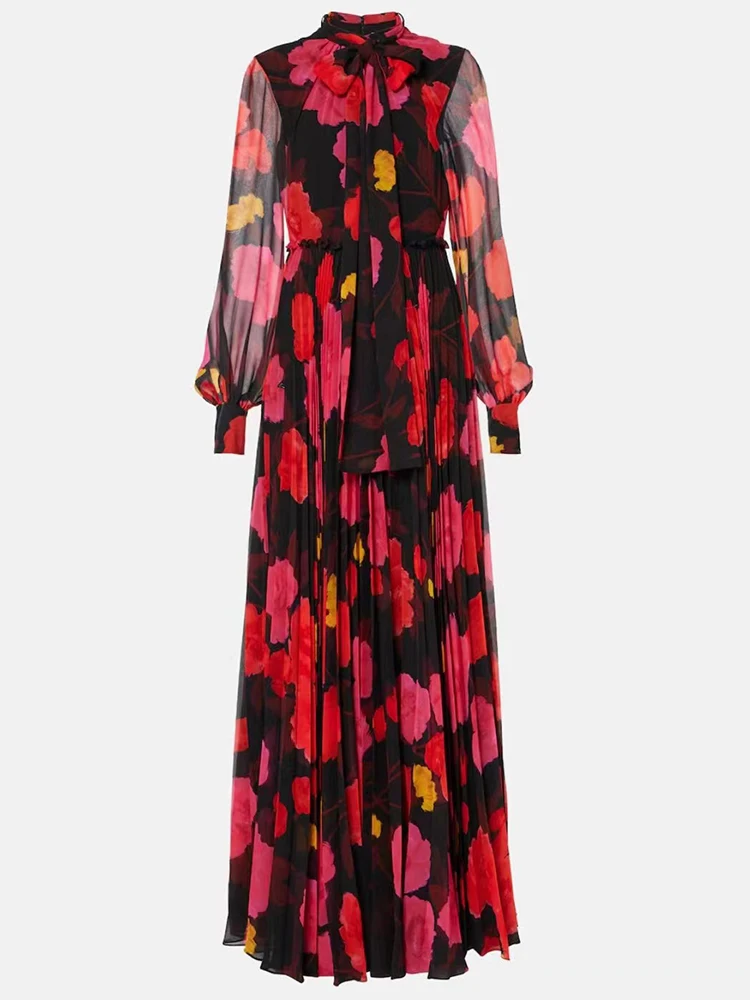 VGH Hit Color Printing Elegant Long Dresses For Women Stand Collar Long Sleeve High Waist Spliced Folds Temperament Dress Female