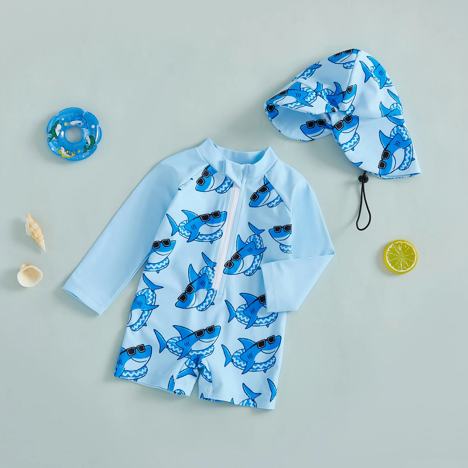 Summer Toddler Kids Baby Boys Rash Guard Swimsuits Shark Print Long Sleeve Zip Up Swimwear Bathing Suits with Sun Cap
