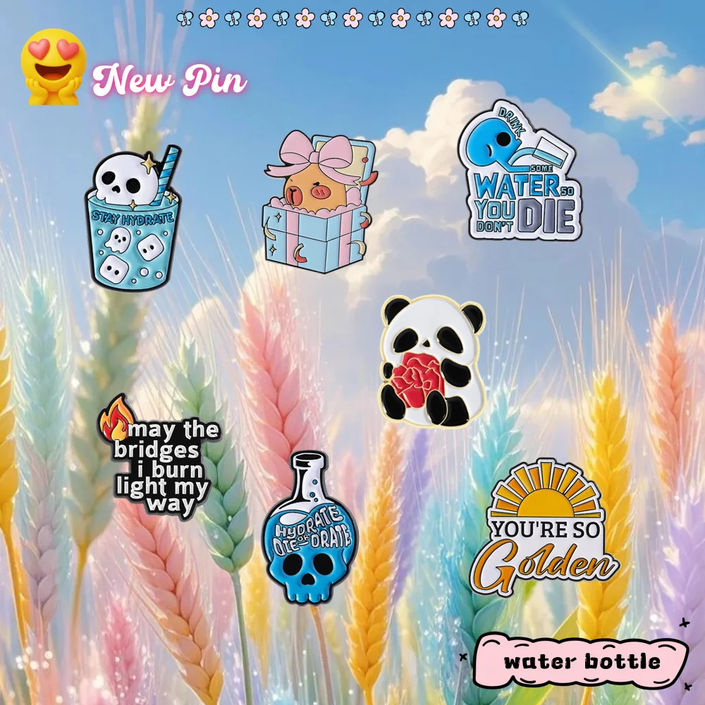 هيدرات يموت عن طريق الفم المينا دبابيس زجاجة الكرتون الجمجمة مياه الشرب شارة معدنية الملابس والاكسسوارات بروش هدية للأطفال صديق