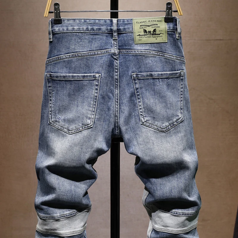 High Street กางเกงยีนส์แฟชั่นผู้ชาย Retro Blue ยืด Slim Fit Ripped กางเกงยีนส์ผู้ชายหลายกระเป๋า Hip Hop Y2K Denim Cargo กางเกง Hombre