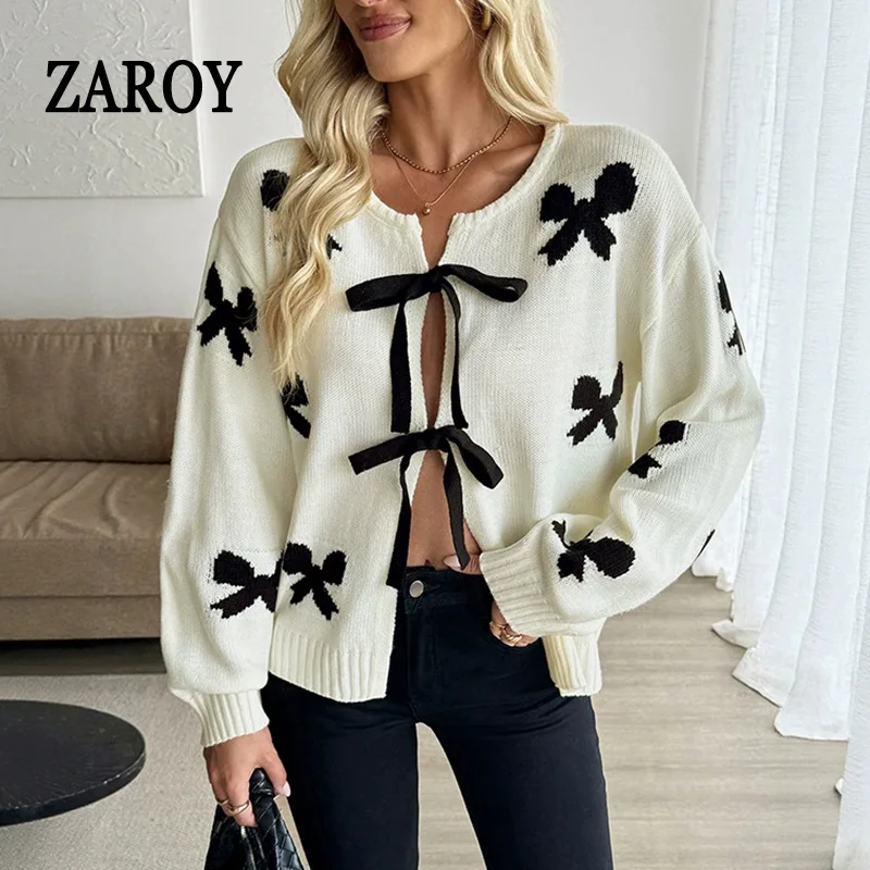 

ZAROY Vintage Embroidery Loose Knit Sweaters Cardigans Tops Women Bow Lace Up Casual Sweater Autumn Warm Casual Jackets Кард