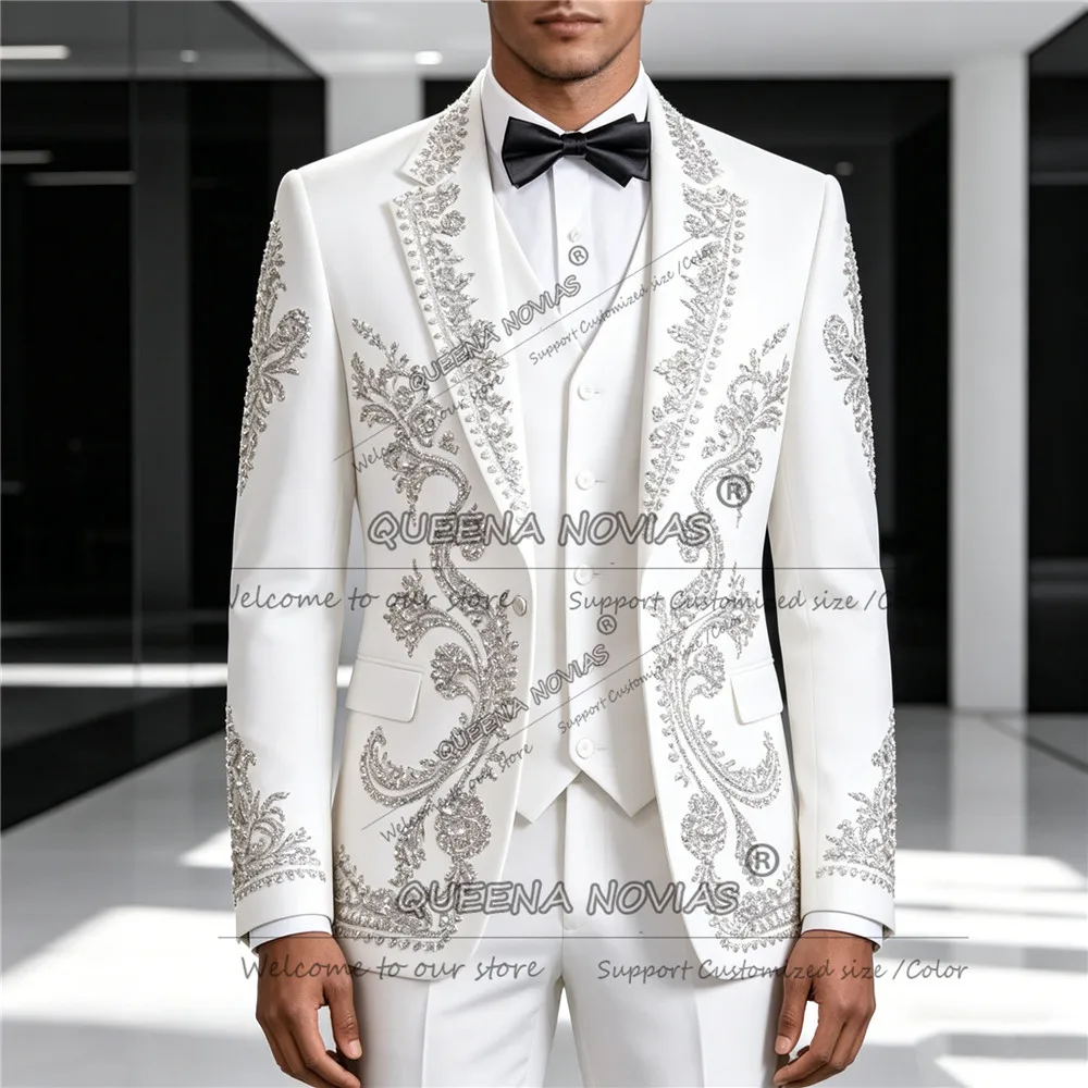 

Эксклюзивный белый мужской костюм-тройка Slim Fit с кристаллами и бисером, индивидуальный пошив, для бизнеса и вечеринок, смокинг