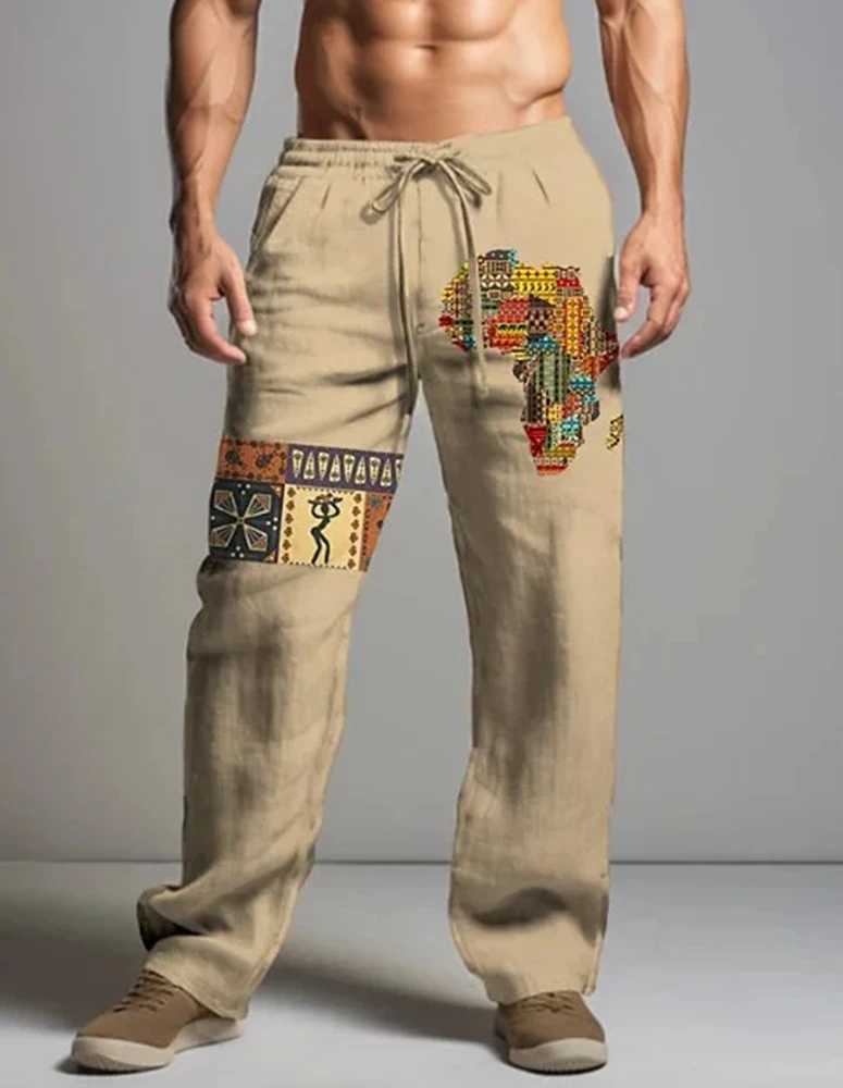 

Men's Linen - Blend Drawstring Trousers with African - Inspired Embroidery - Stylish & Cultural