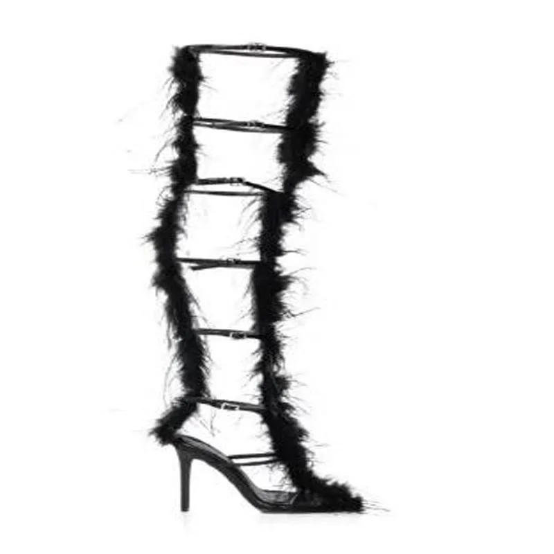 Black Feather Fur Small Buckles Gladiator Pointed Toe 10 12 CM Thin Heels Over The Knee Boots Women Long Sandals Boots Shoes