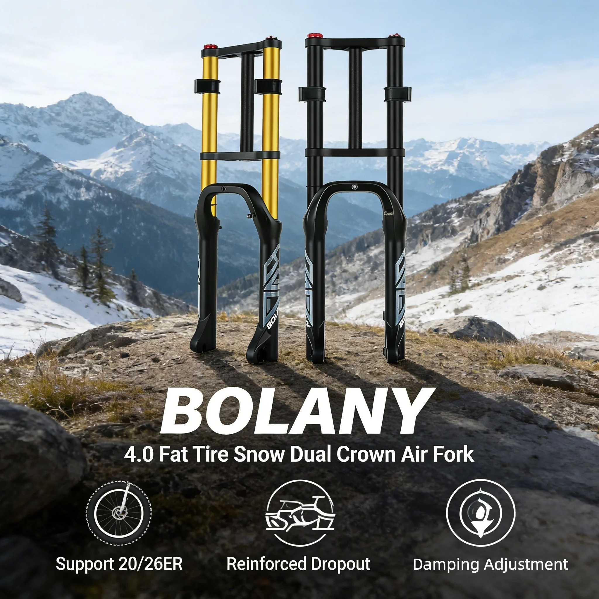 

BOLANY Double Shoulder Snow Fork 26ER 4.0 Wide Tire Electric Bicycle Shock Absorption Air Pressure Front Fork Damping Adjustment