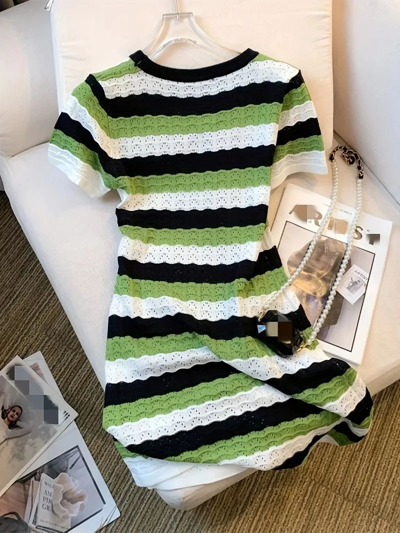 

2025 New Colorful Striped Crew Neck Dress Chic Short Sleeve Bag Hip Mini Knitted Dress for Spring & Summer Women's Clothing