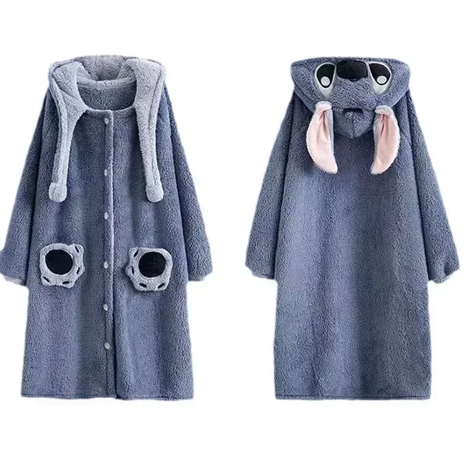 Stitch Disney Robe Kawaii Stitch Hooded Dressing Gowns Lady Thickened Warm Loungewear Cute Woman Autumn Winter Leisure Clothing