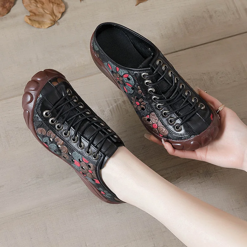 Xiuteng Printed Genuine Leather Hollowed Shoe With Breathable Holes For Woman Sandals Casual Sneakers Flats