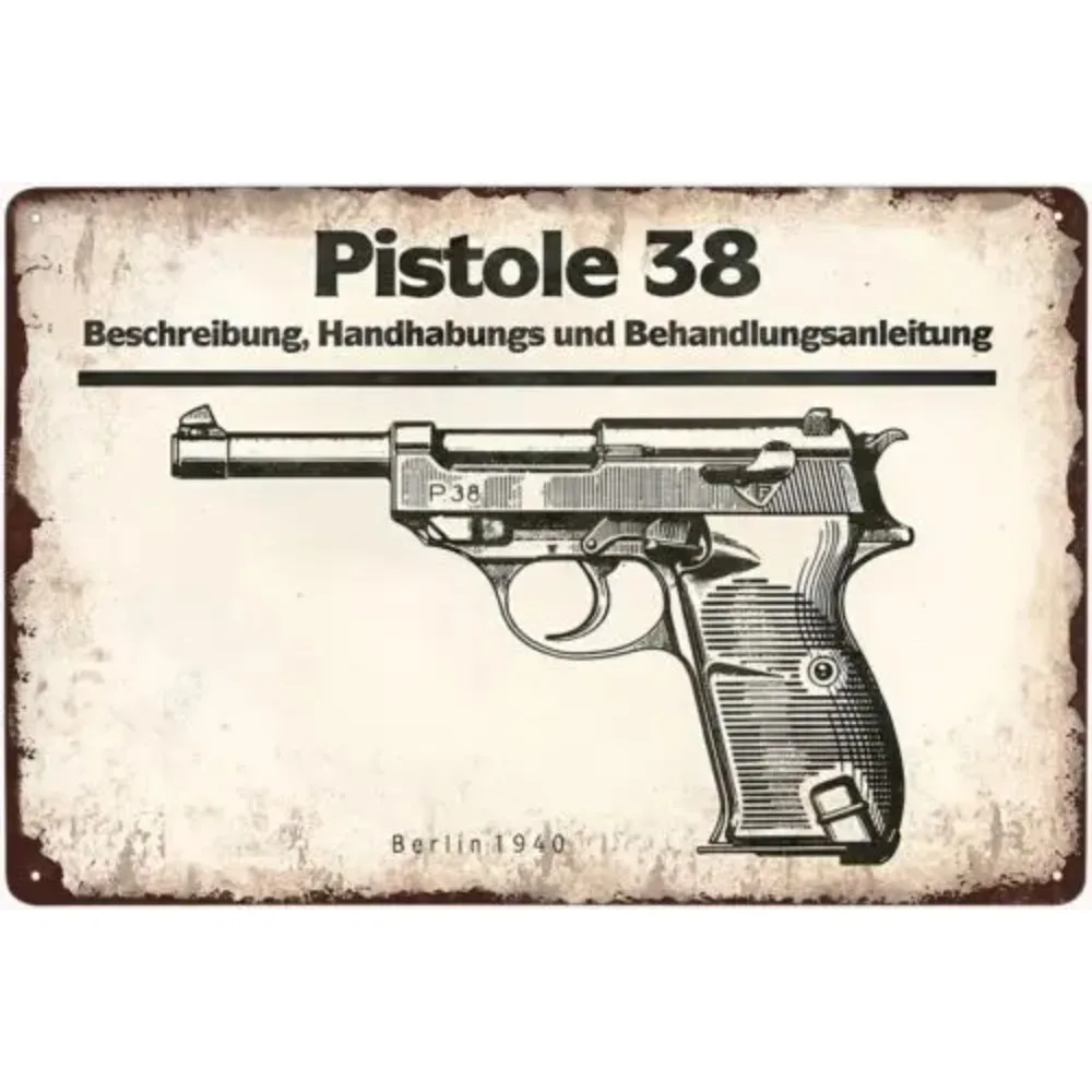 WaltherP38VintageAdSign Walther P38 Period Advertising Metal Sign - Retro Theme Decor, Collector Wall Art