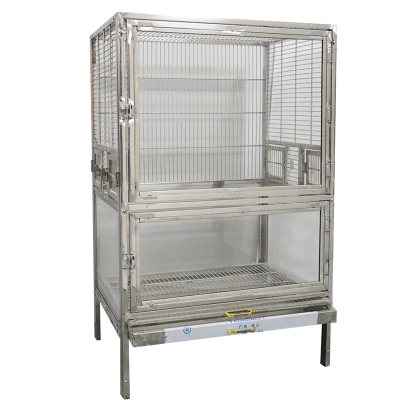 Whosale Silver Stainless Steel  Double Layer Glass Display Bird Cage Aviary Canary Budgie Pet Parrot Bird Cage With Wheels