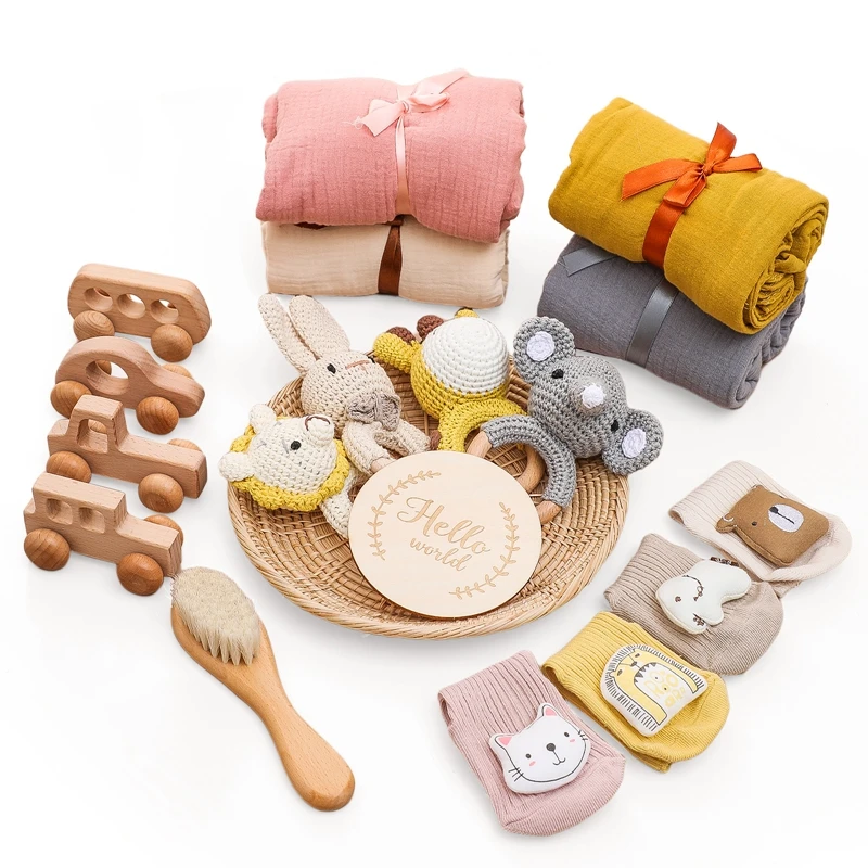 

1set Baby Bath Toy Set Bath Towel Cotton Blanket Brush The Car Gift For Kids Toy Crochet Rattle Box shooting Supplies Birth Gift