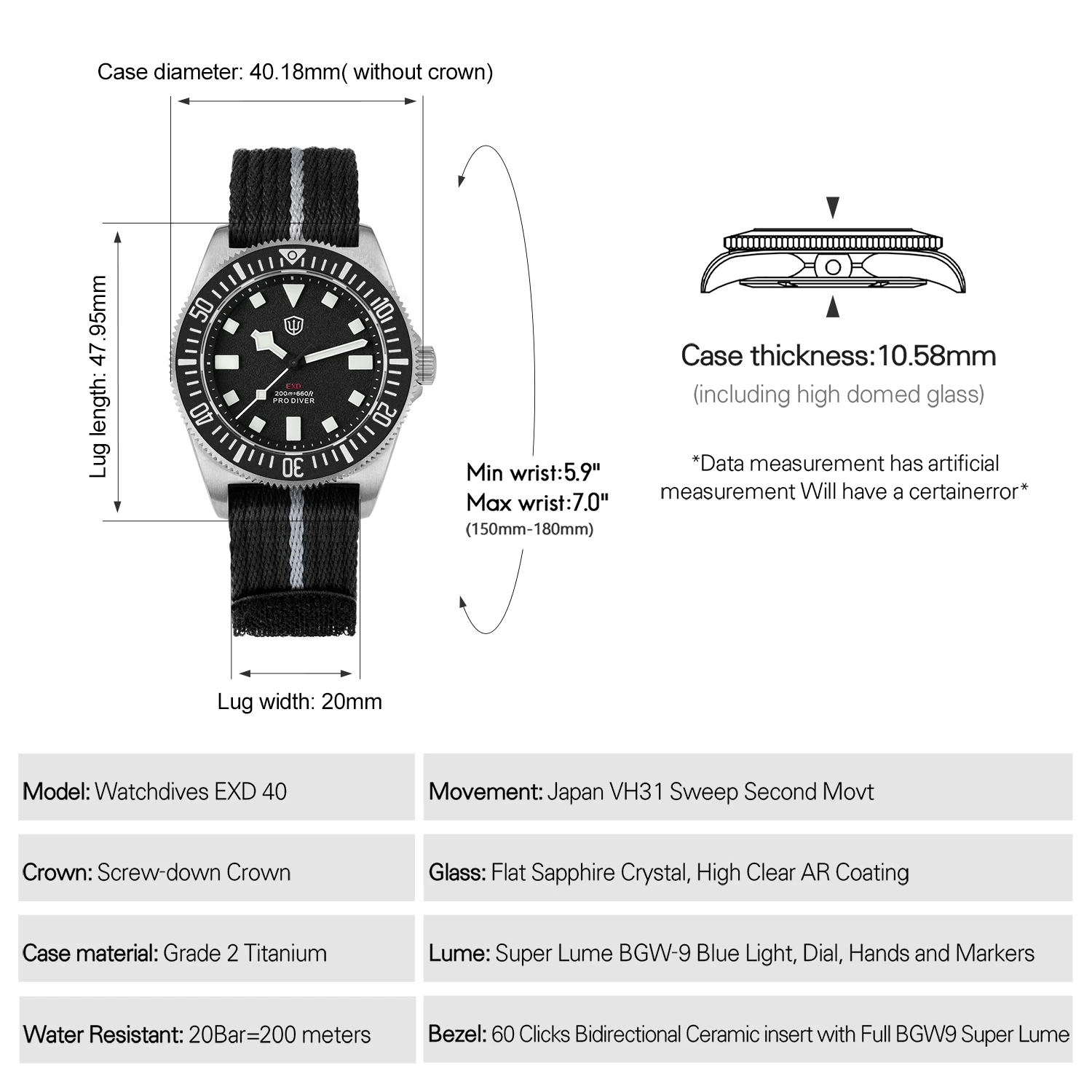 Watchdives EXD 40 Titanium VH31 Sweep Quartz Watch Sapphire Crystal Ceramic Bezel BGW9 Lume 200M Dive Watch