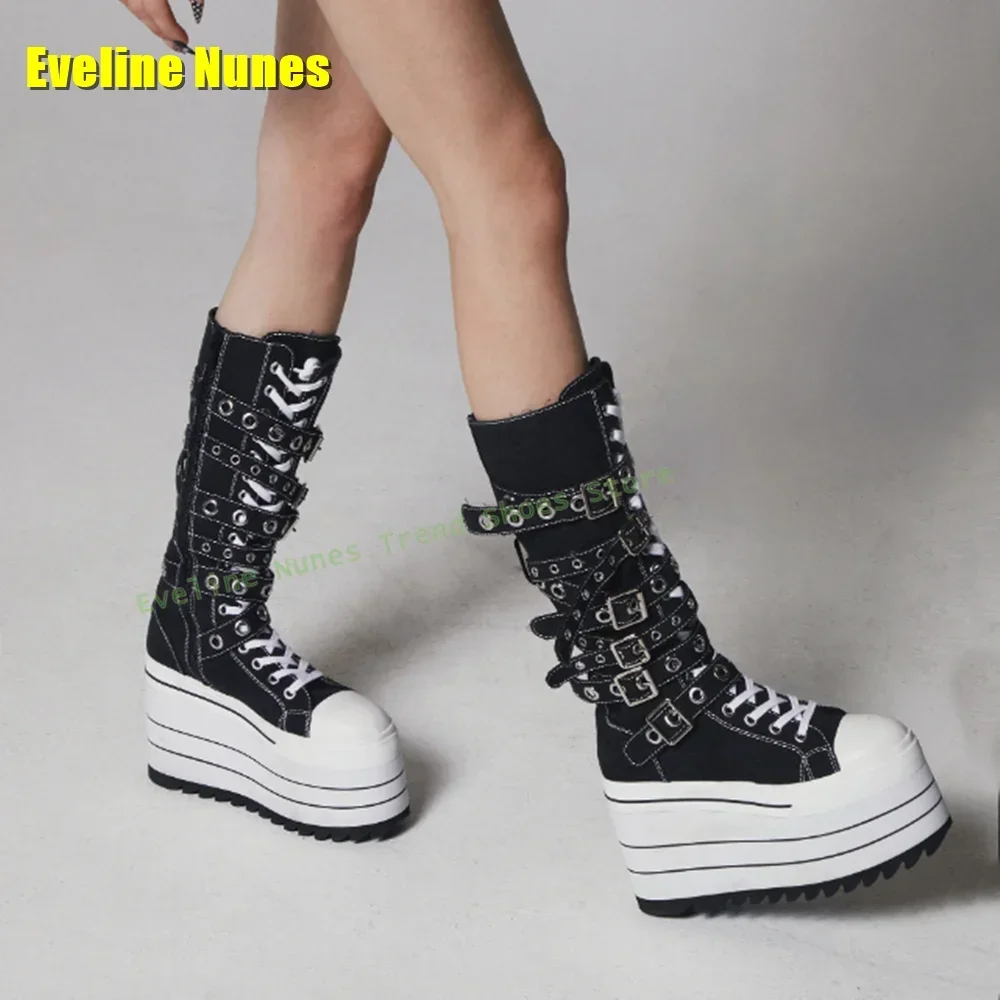 

Модные женские ботинки-ботфорты на платформе с круглым носком, на толстой подошве, увеличивающие рост, с перекрестной шнуровкой, тренд 2026 года