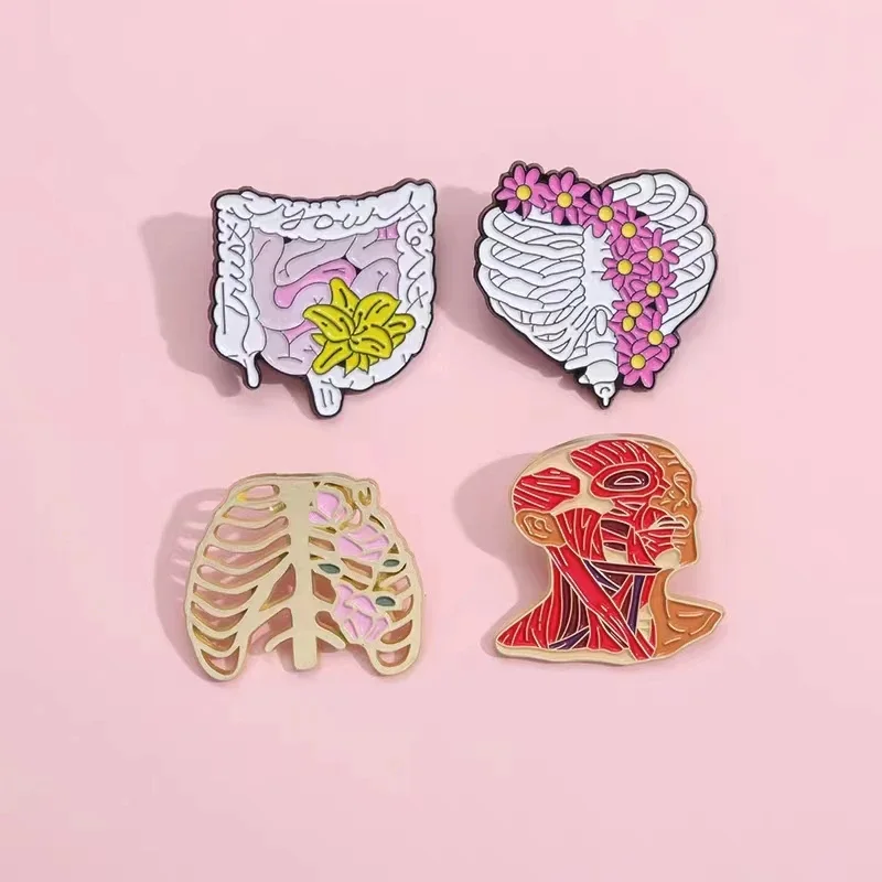 Custom Floral Organs Enamel Pins Rib Cage Heart Intestine Nervous System Brooch Lapel Badges Bag Medical Jewelry Gifts Wholesale