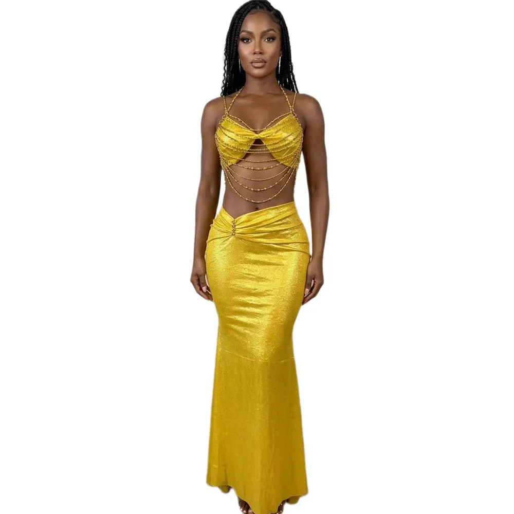 Gold Rhinestone Chains Tassel Bikini Top Long Mermaid Skirts Belly Dance Bra 2 Piece Sets Women Club Party Dress Stage Outfit