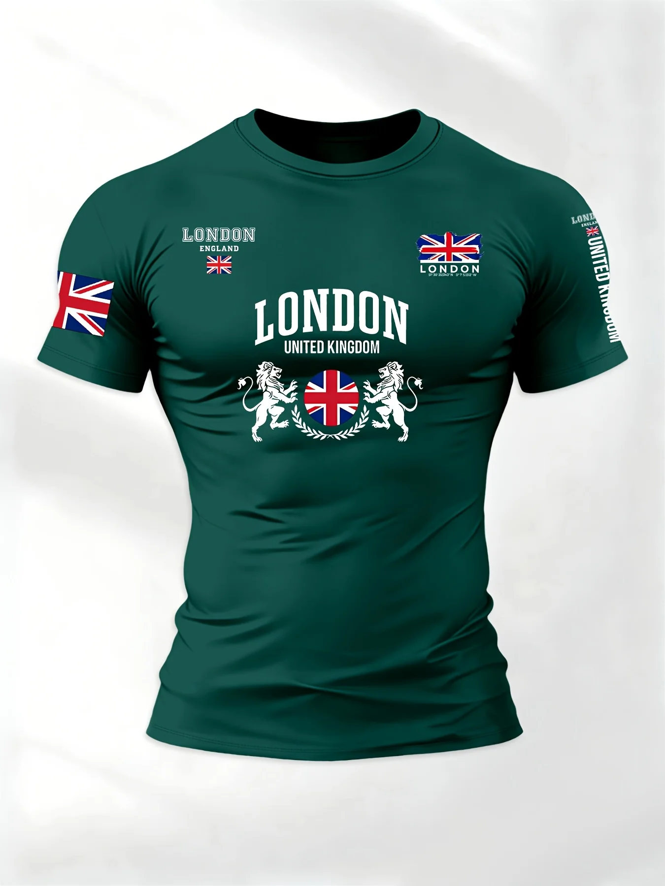 Retro London-Themed Men's Short-Sleeve T-Shirt With Lion And Union Jack Print—Men's Slim-Fit Round-Neck Casual Sports Top