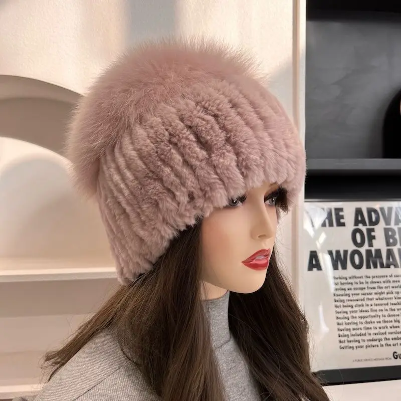 

Good Elastic Natural Fluffy Silver Fox Fur Hat New Winter Women Knitted Real Rex Rabbit Fur Hats Lady Real Fur Cap Wholesale