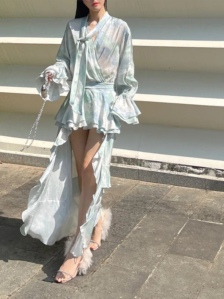 

Printed Flowy Ruffles Front Short Back Long Flared Sleeves Holiday Dress