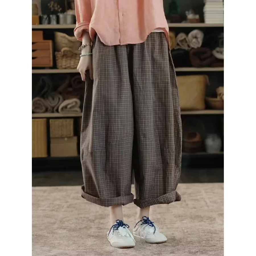 

Casual Cotton Linen Harlan Pants Women's plus Size Small Figure Summer New Plaid Nine Points Harlan Pants Commute Style