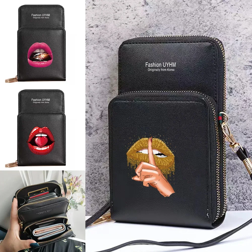 Touch Screen Universal For IPhone/Huawei/LG Mobile Phone Bag Women Crossbody Shoulder Bags PU Leather Purse Handbag Mouth Prints
