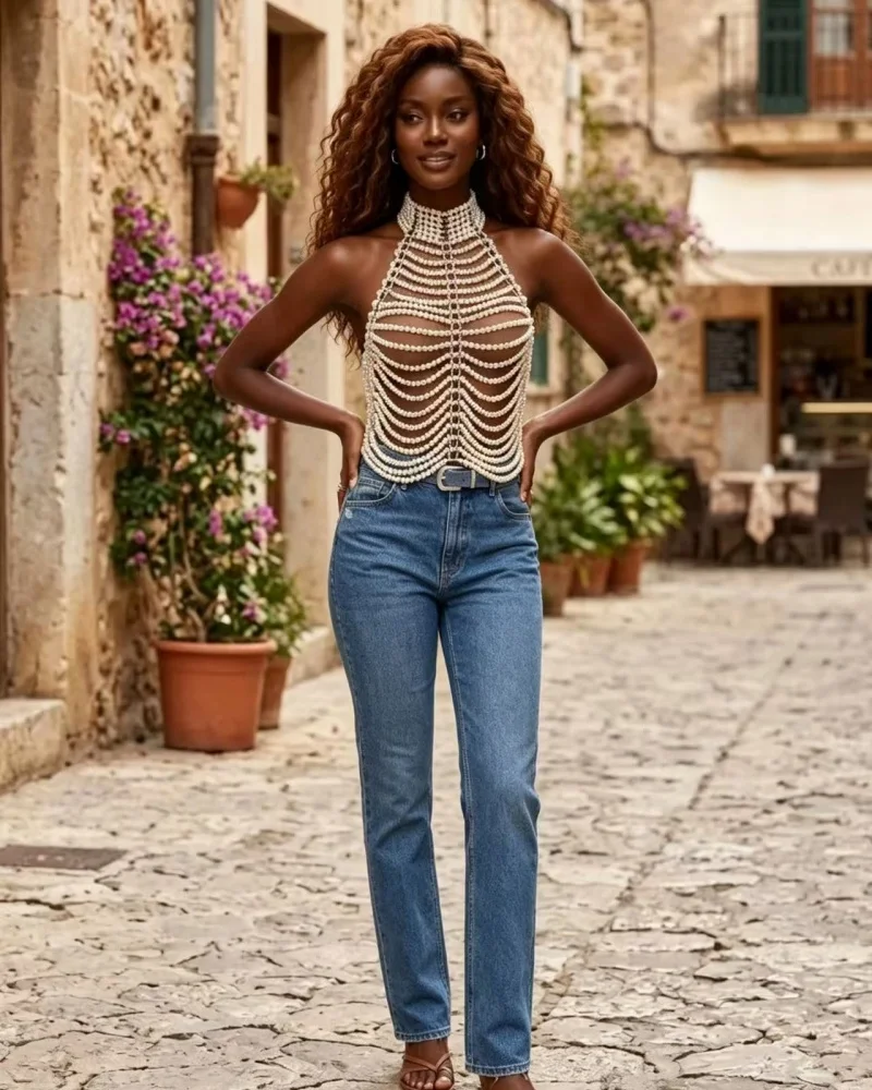 Damen Perlen-Halter-Top mit Körperkette - Rückenfreies, perlenbesetztes Chainmail-Crop-Top für Party, Festival, Rave, Nachtclub, Streetwear, Strand-Tanktops – Detail 5