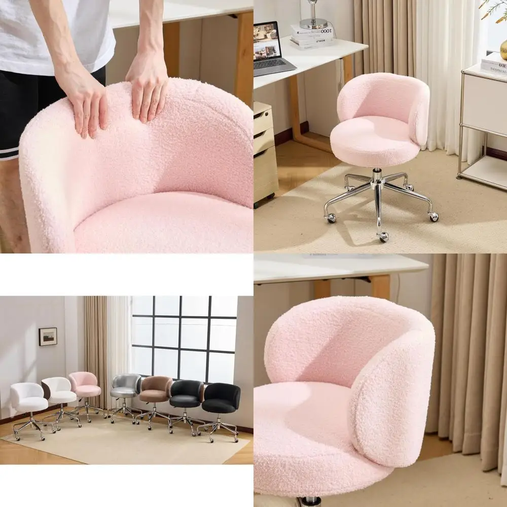 

Ergonomic Swivel Desk Chair with Wheels, Comfortable Low-Back Support, Height Adjustable, Teddy Fleece, Pink for Home Office, Va