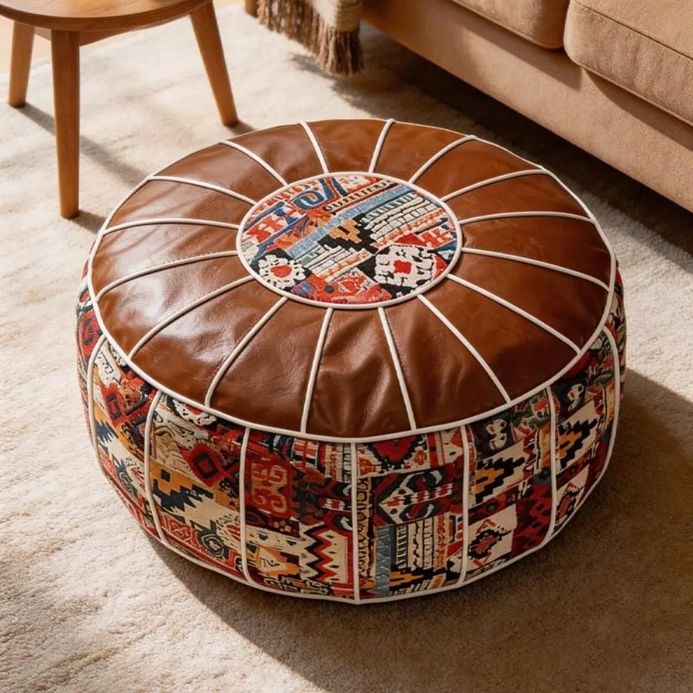 Image of Boho-Muster Ottoman Pouf aus PU-Leder mit Großer Öffnung, Wasserabweisender Fußhocker-Bezug, Befüllbares Design, Bodensitzkissen