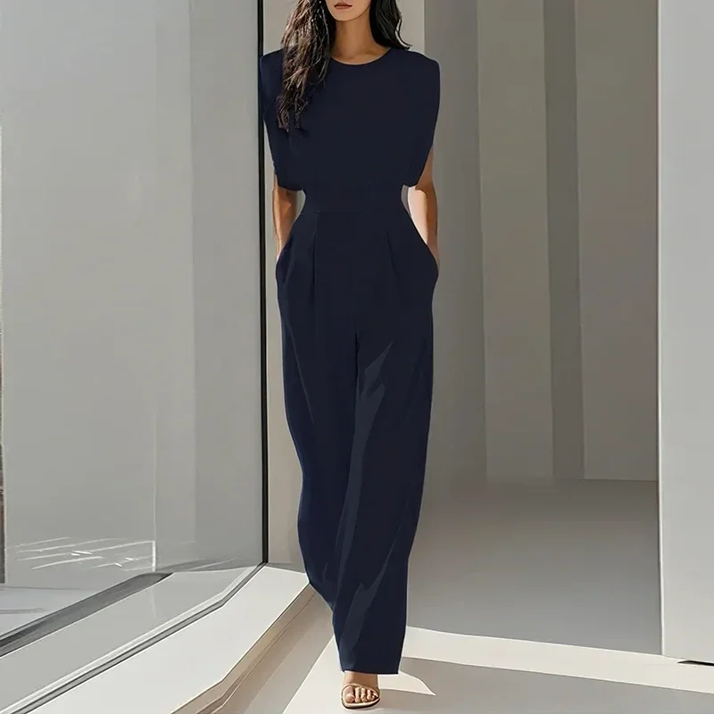 Women's Clothing Trend 2025 Spring O Neck Solid Slim Jumpsuit Elegant High Waist Pocket Office Romper Summer Sleeveless Overalls - Image 4