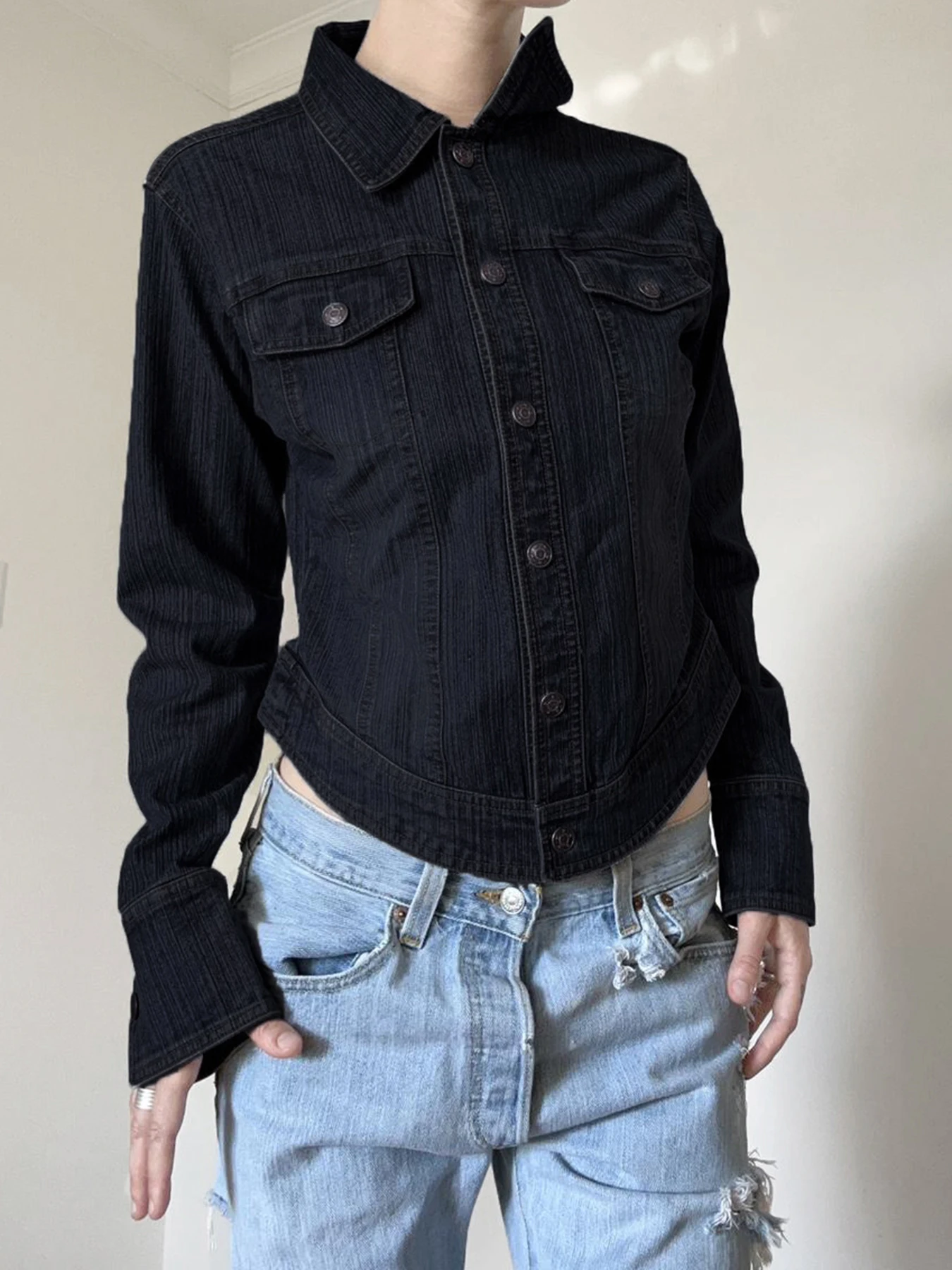 Weekeep Harajuku y2k Denim Jacket Casual Dark Blue Button-up Loose Pockets Cropped Coat Women Korean Fashion Clothing Streetwear