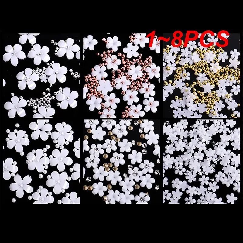 

1~8PCS Acrylic Flower Nail Art Charms Rhinestones White Mixed Stone Gems Parts for Professional Nail Decoration Accessories