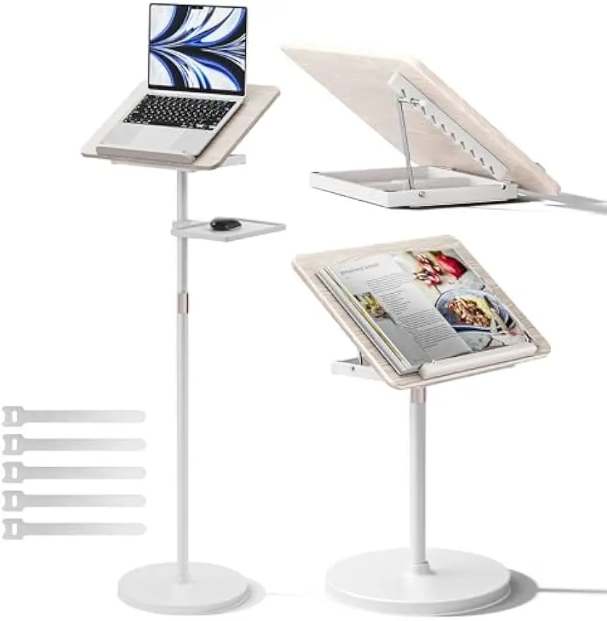 

Adjustable Dual-Use Book Stand for Floor and Desk, Height 23.5-52 in, Holds Music Sheets, Tablets, Laptops - White