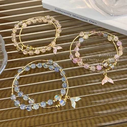 Strand Bracelets with Sweet Flower Crystals and Mermaid Tail Pendant Handmade Beaded Double-layered Bangle