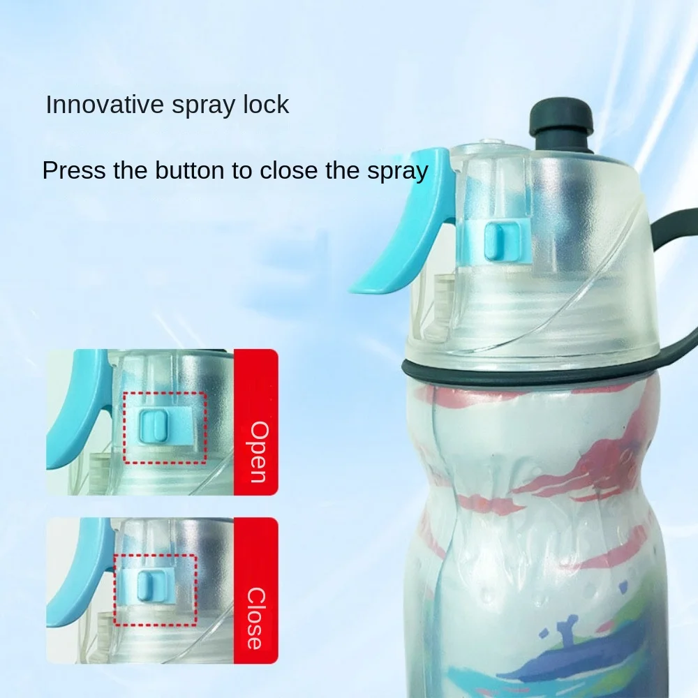 590ML Sports Spray Water Bottle Mist Spray Cold Insulation Summer Spray Water Cup Fall Prevention Bilayer Spray Sports Kettle