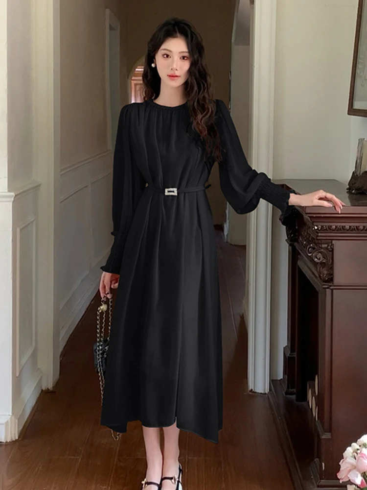 Ropa de mujer de gasa lisa con cuello redondo ajustado vestido largo acampanado elegante señora moda fiesta graduación Vestidos Fiesta bata Casual otoño nuevo